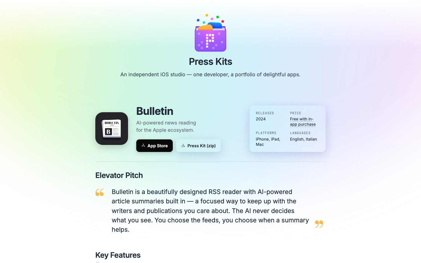 Bulletin 官方 press kit：独立项目进入 Pixelfolio 后的产品定位与视觉