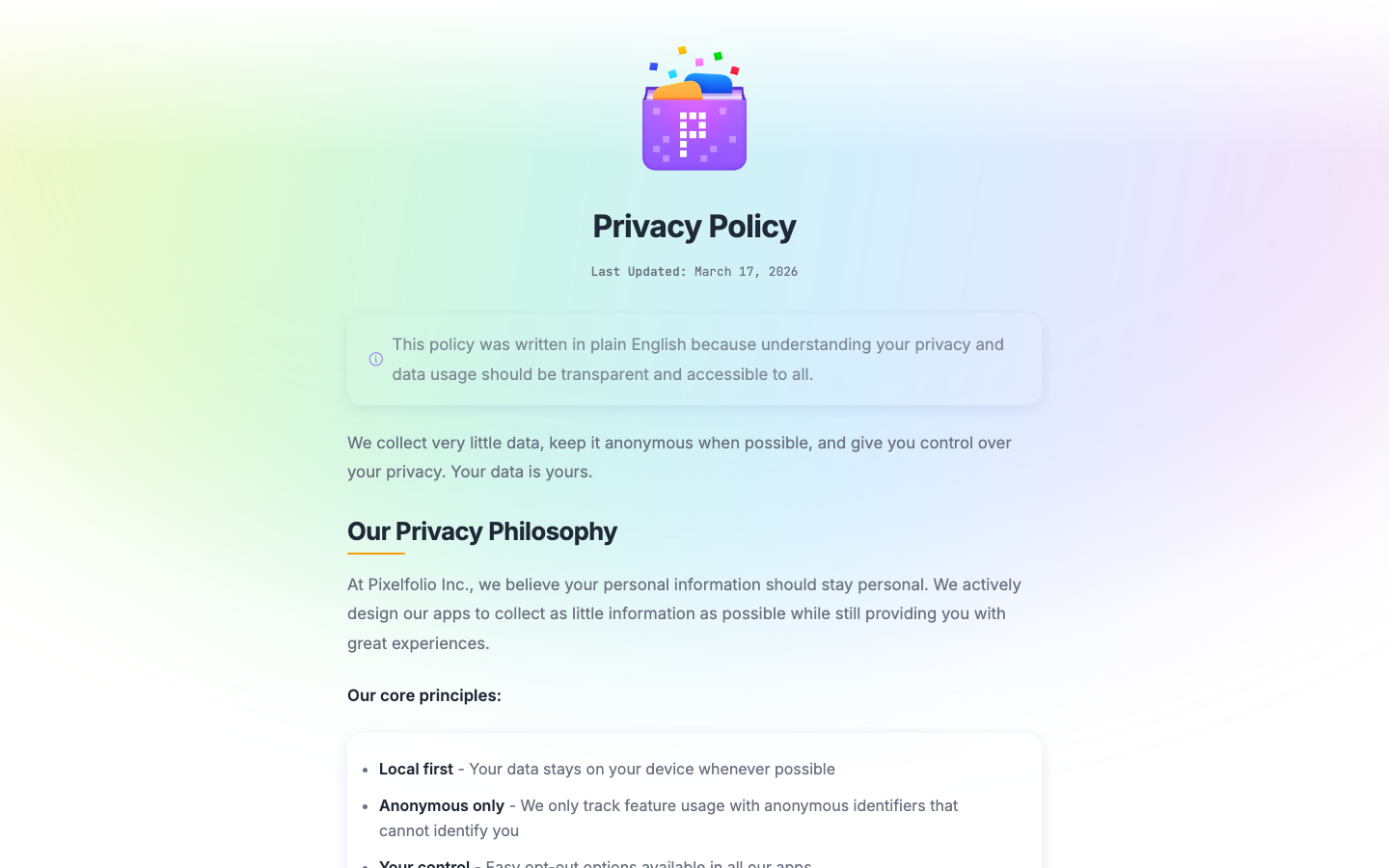 Pixelfolio 官方隐私政策与数据处理边界