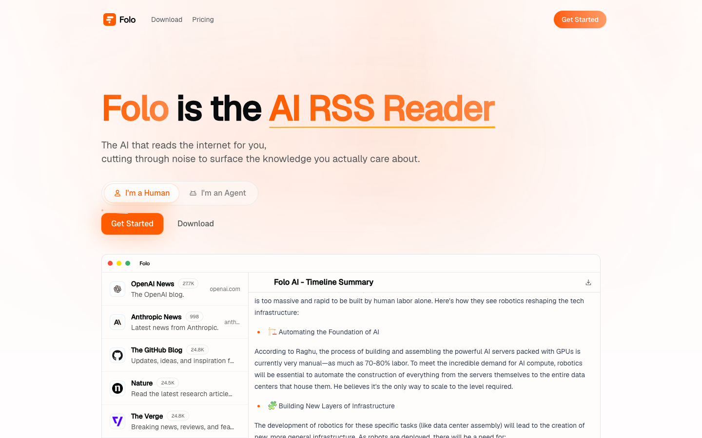 Folo 官方首页展示的 AI RSS Reader 与订阅界面