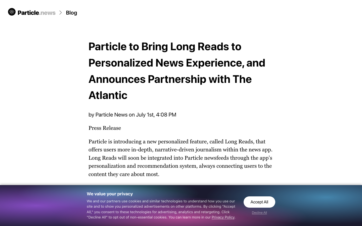Particle 的 Long Reads 与 publisher partnership 页面