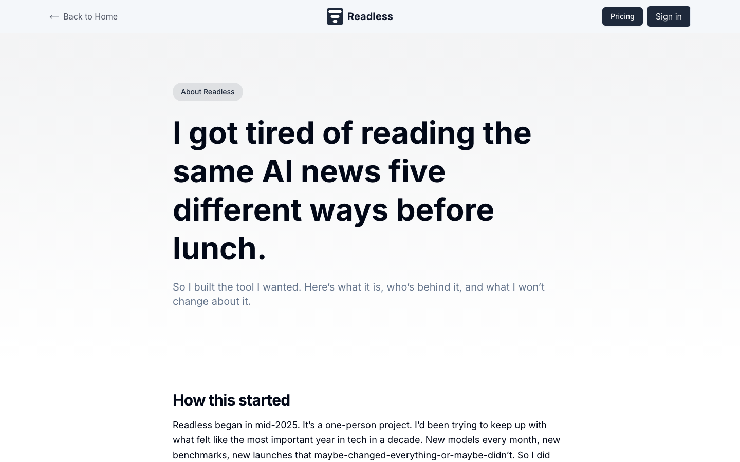 Readless About 页面呈现其独立产品与 founder-led 经营方式