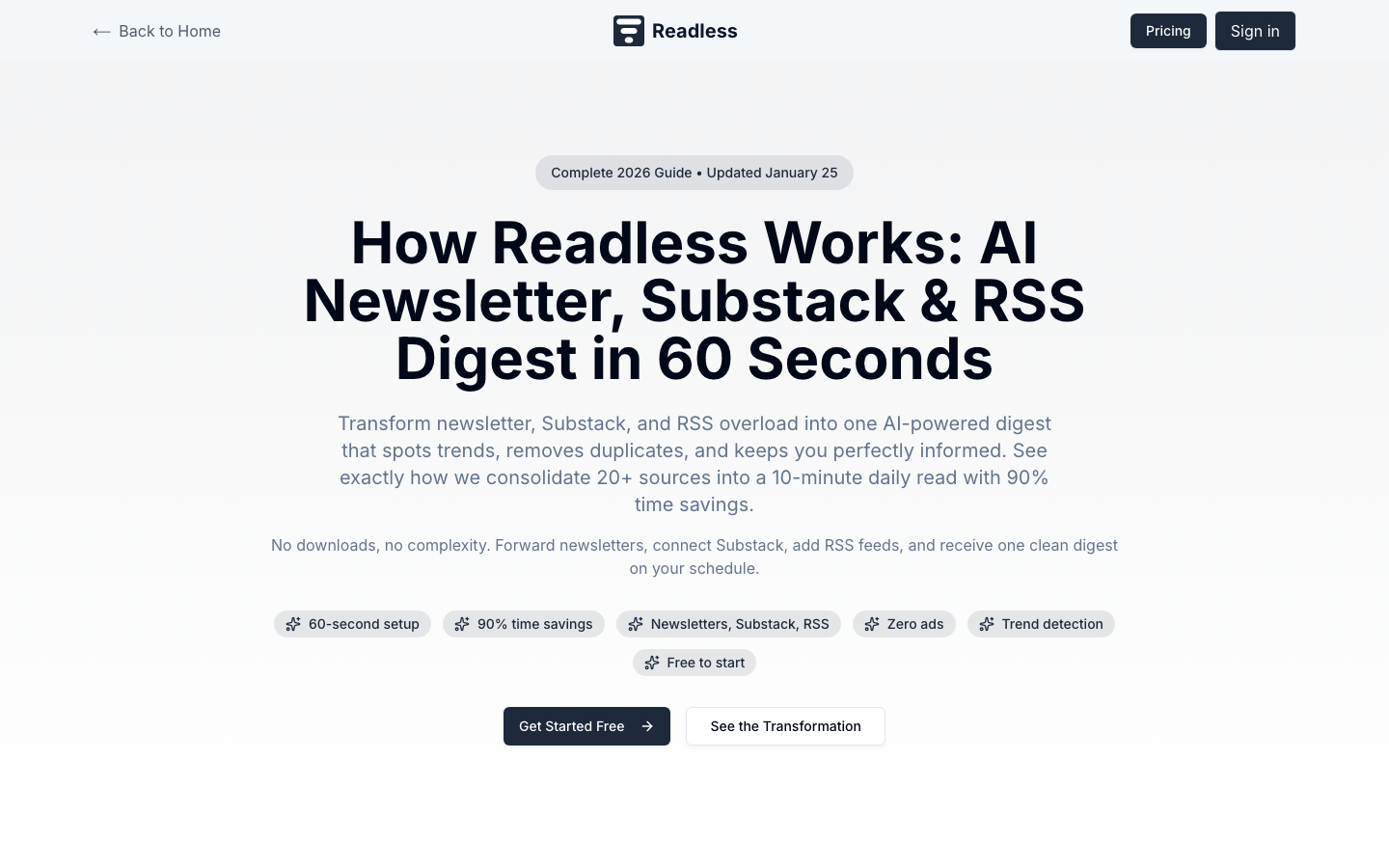 Readless 官方 How It Works 页面与 synthesis 说明
