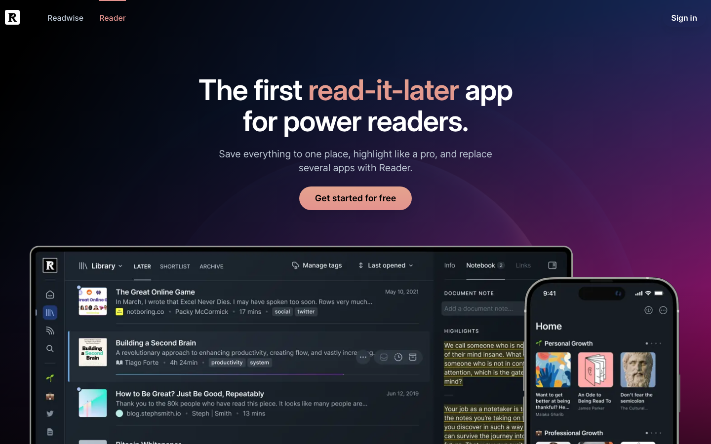 Readwise Reader 官方产品页展示统一阅读与知识流