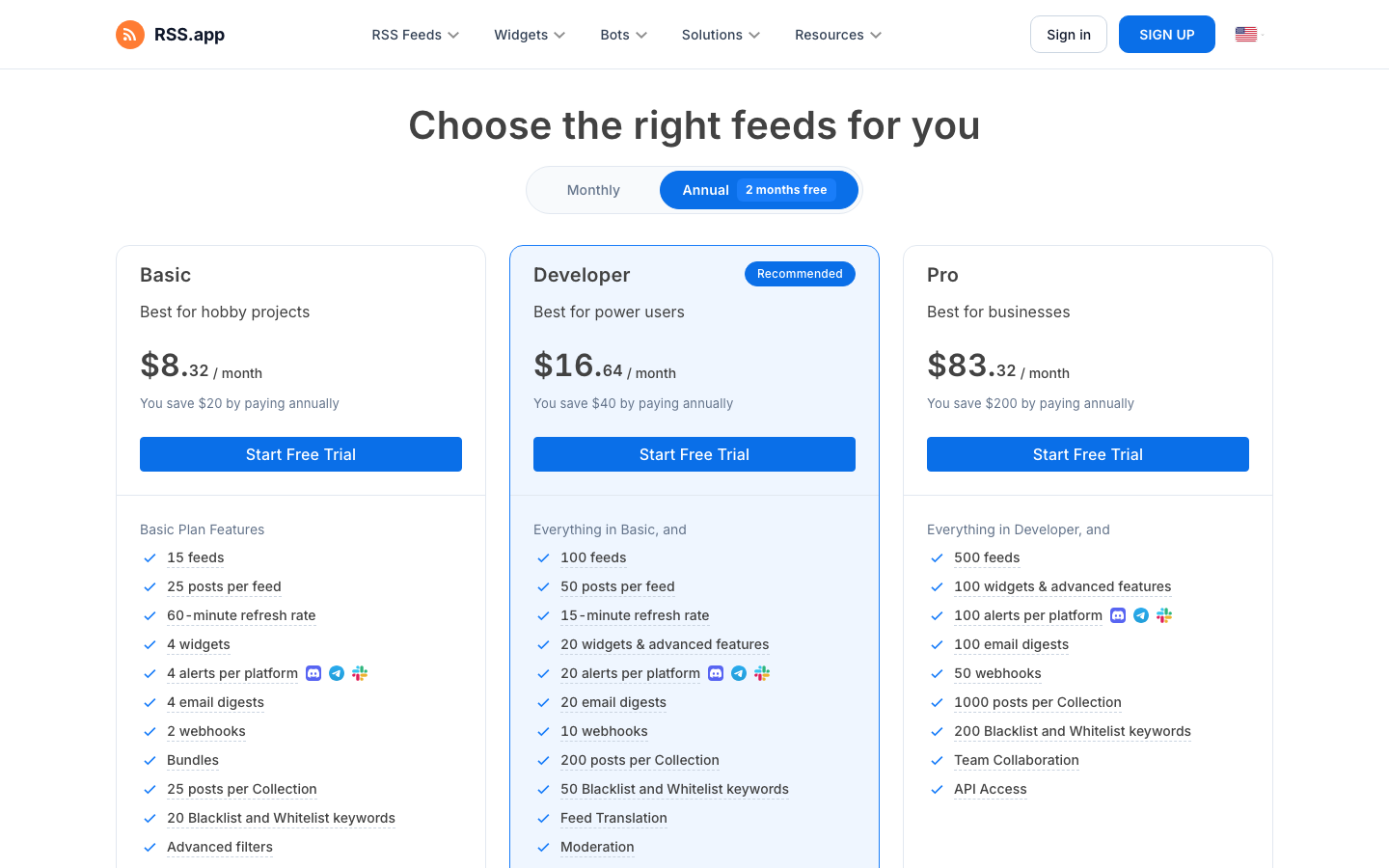 RSS.app 官方套餐以 feed 数、刷新间隔与 item 上限分层